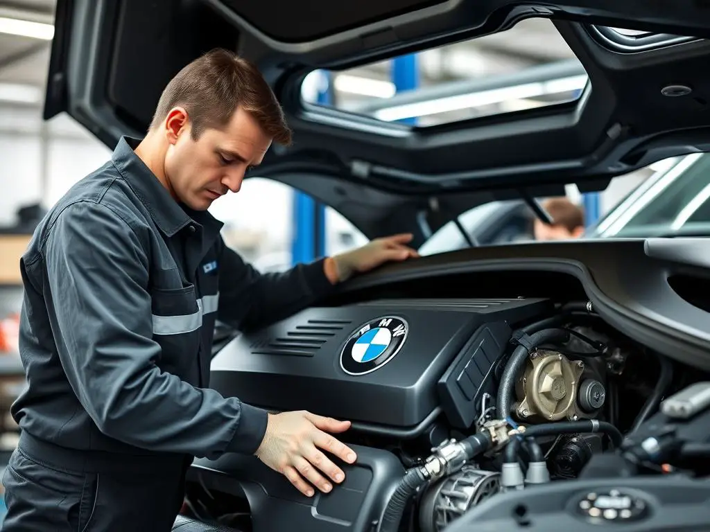BMW mechanic performing maintenance on a BMW engine BMW mechanic performing maintenance on a BMW engine