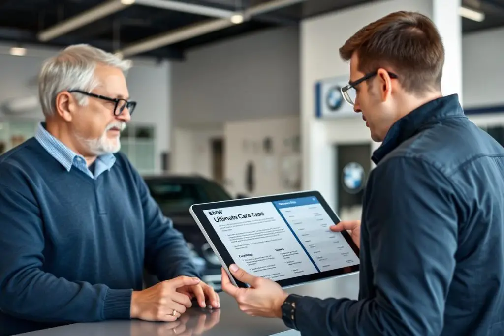 BMW owner discussing Ultimate Care options with a BMW service advisor