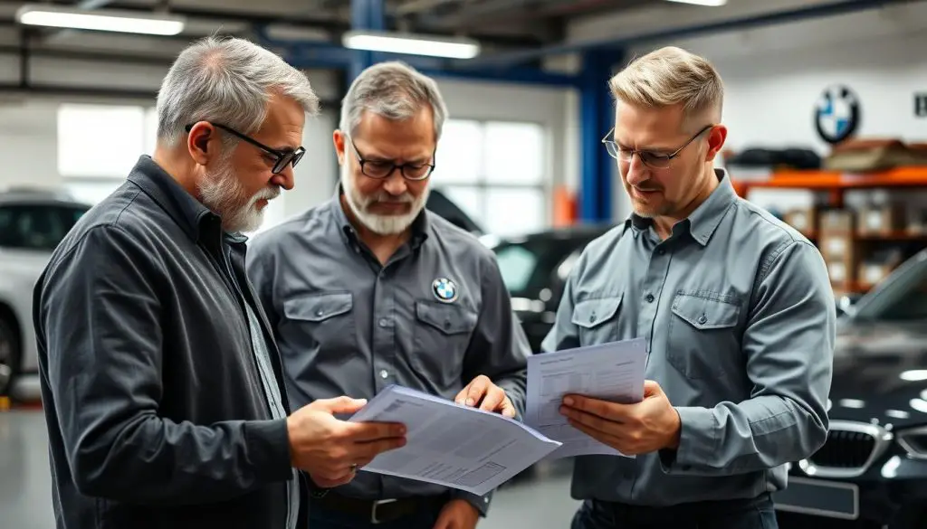 BMW owner discussing repair options with a technician BMW owner discussing repair options with a technician