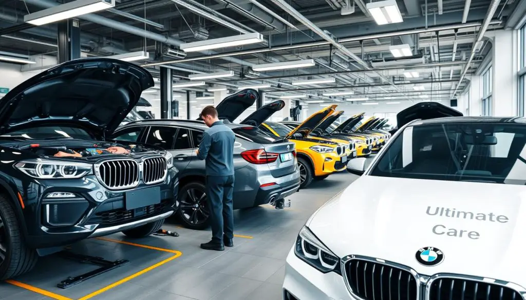 BMW service center with multiple vehicles receiving Ultimate Care maintenance