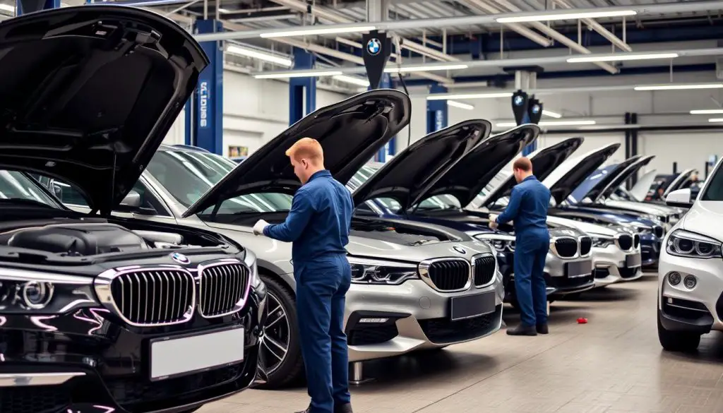 BMW service center with technicians working on vehicles BMW service center with technicians working on vehicles