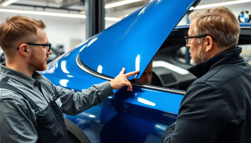 BMW service technician inspecting Metallic Blue paint finish and explaining care procedures to a customer