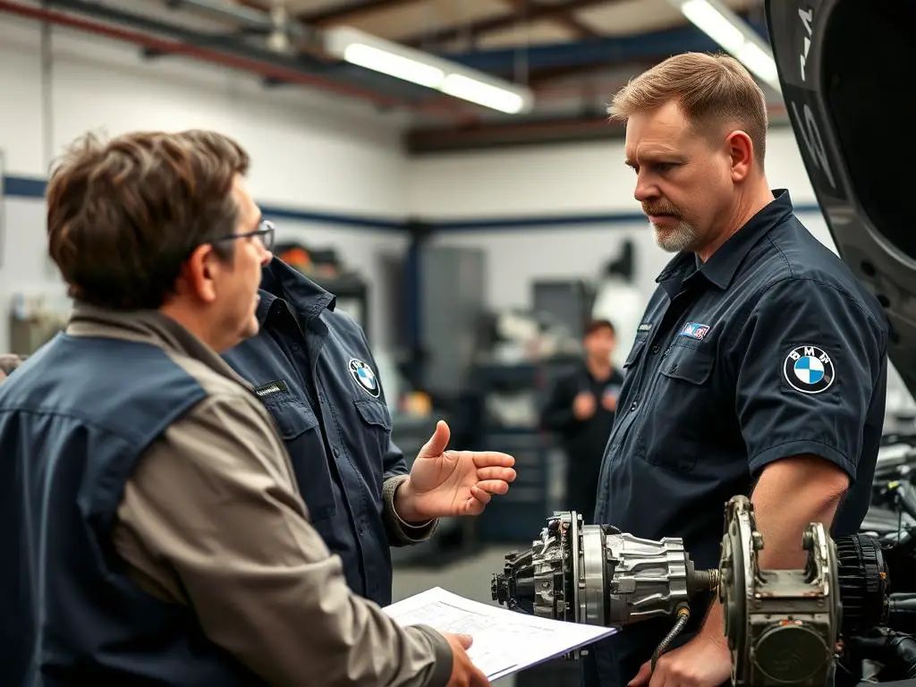BMW technician answering customer questions about transmission repair BMW technician answering customer questions about transmission repair