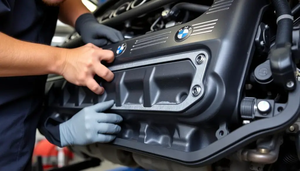 BMW technician completing oil pan gasket replacement