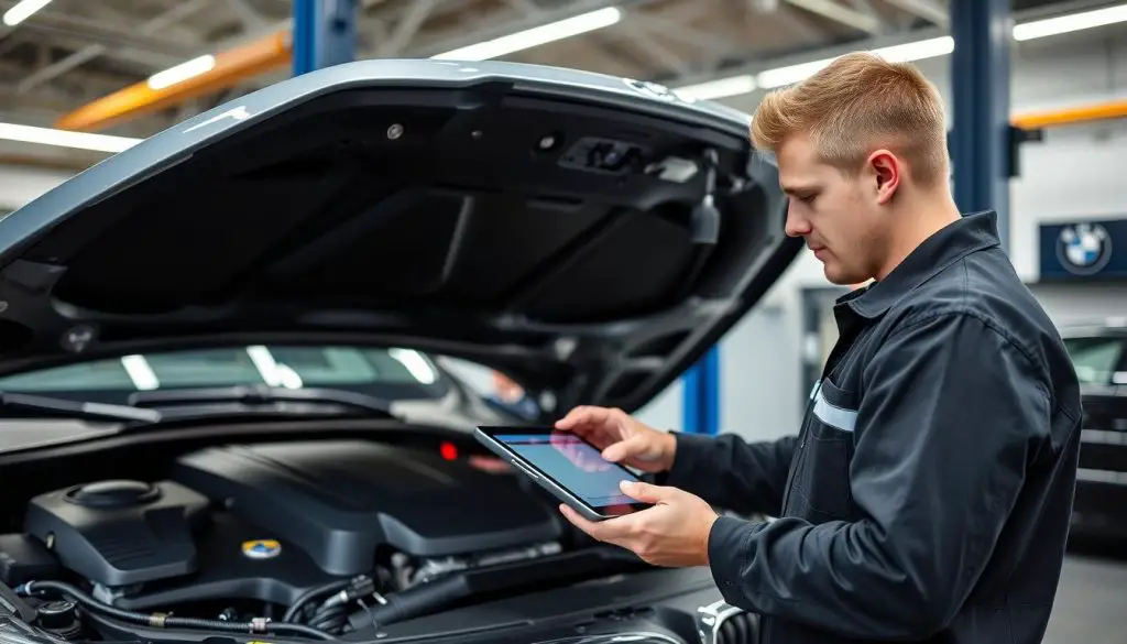 BMW technician performing comprehensive vehicle inspection under BMW Ultimate Care