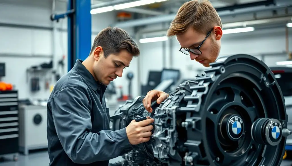 BMW technician working on a transmission in a professional workshop BMW technician working on a transmission in a professional workshop