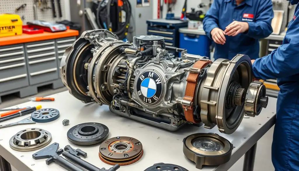 BMW transmission being rebuilt with components laid out BMW transmission being rebuilt with components laid out