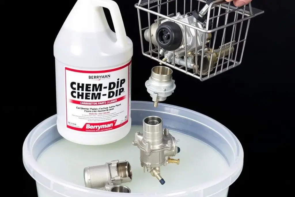 Berryman Chem-Dip Carburetor Parts Cleaner with carburetor parts soaking in the solution Berryman Chem-Dip Carburetor Parts Cleaner with carburetor parts soaking in the solution