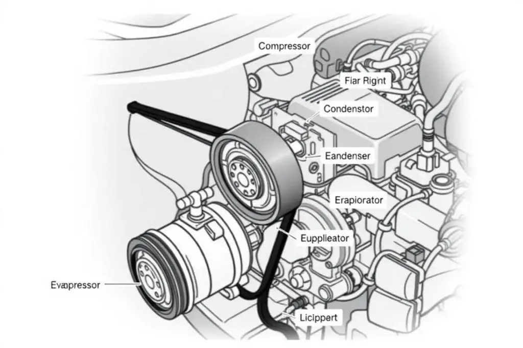 Car AC compressor system diagram showing connection to engine Car AC compressor system diagram showing connection to engine