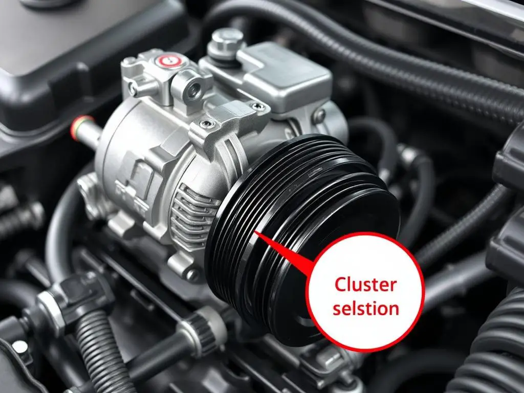 Car AC compressor with clutch mechanism highlighted Car AC compressor with clutch mechanism highlighted
