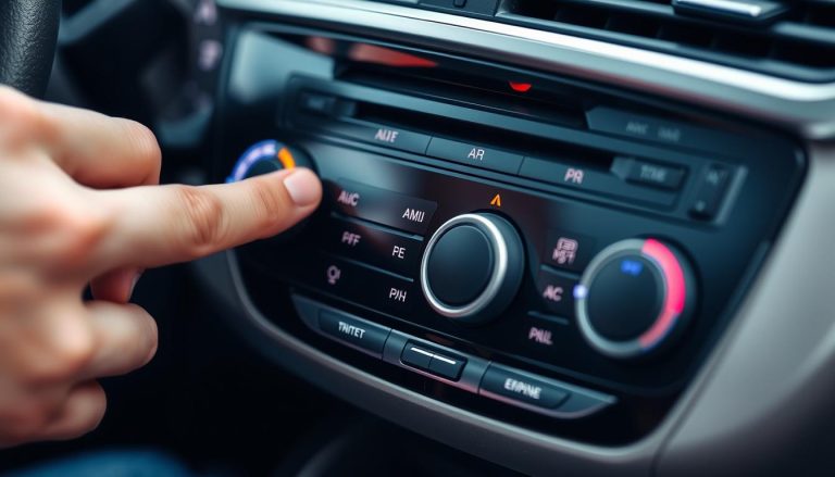 Car dashboard with AC controls highlighted while a driver turns off the ignition