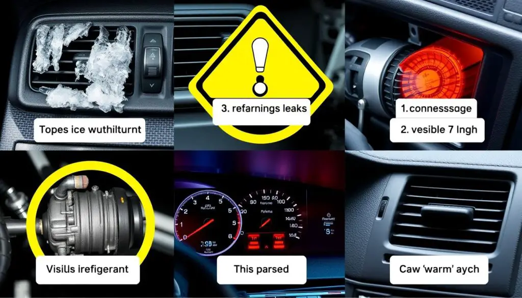 Collage of 5 warning signs of improper AC coolant levels Collage of 5 warning signs of improper AC coolant levels