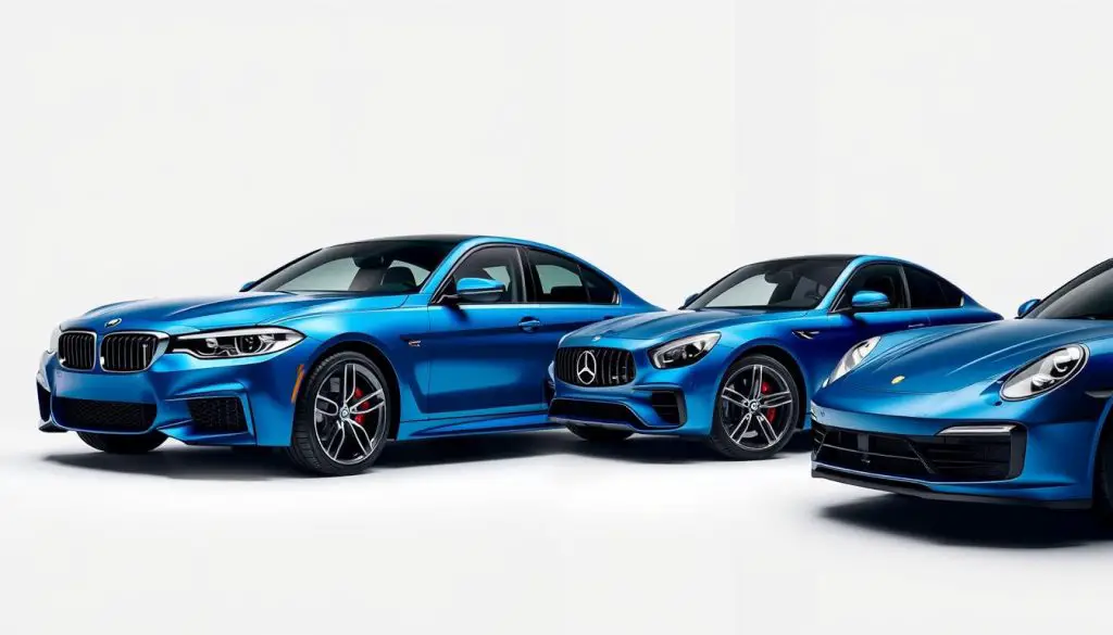 Comparison of blue metallic paint options from different luxury manufacturers including BMW, Audi, Mercedes, and Porsche