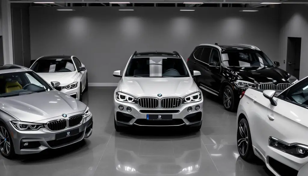 Different BMW models lined up showing the 3 Series, 5 Series, and X5 Different BMW models lined up showing the 3 Series, 5 Series, and X5