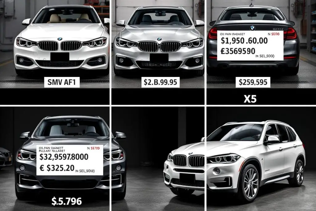 Different BMW models showing varying oil pan gasket replacement costs