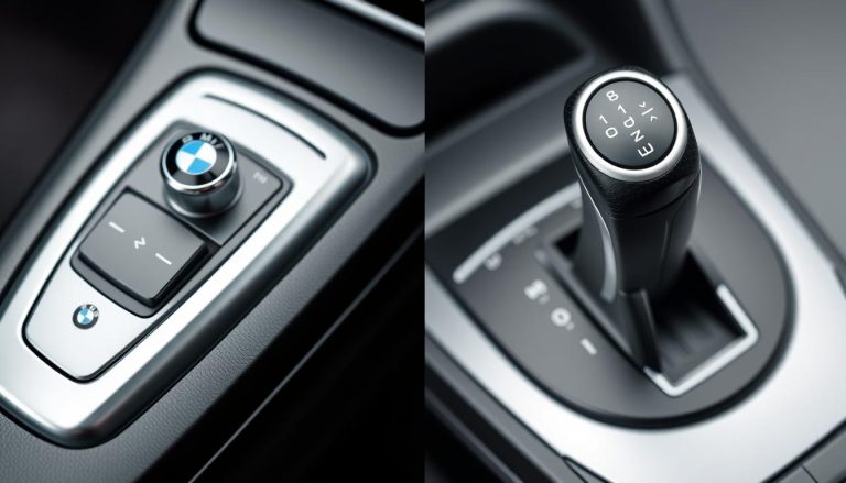 Different BMW transmission types showing electronic shifter and traditional gear lever
