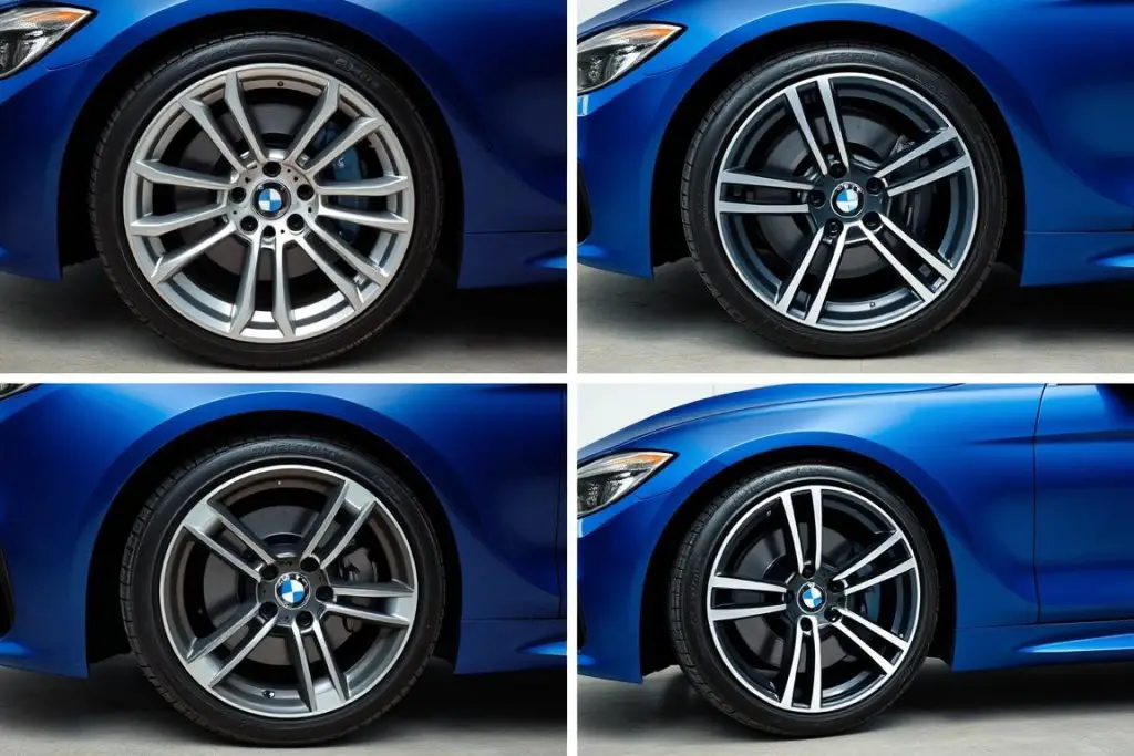 Different BMW wheel options shown with Metallic Blue paint, demonstrating how various wheel finishes complement the blue color