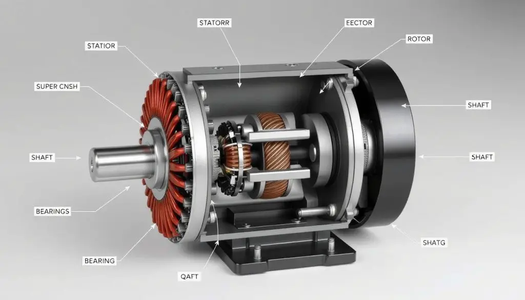 Electric motor components diagram showing rotor, stator, and windings Electric motor components diagram showing rotor, stator, and windings