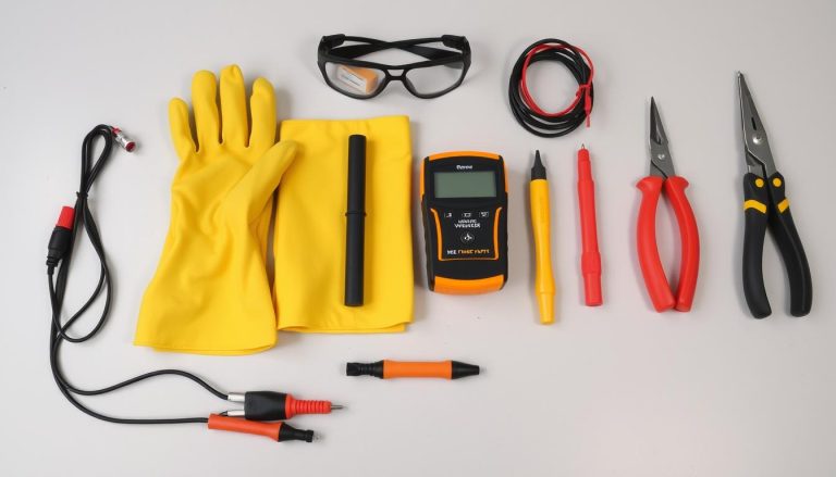 Electrical safety equipment including insulated gloves, voltage tester, and safety glasses for wiring a 110 outlet from 220v