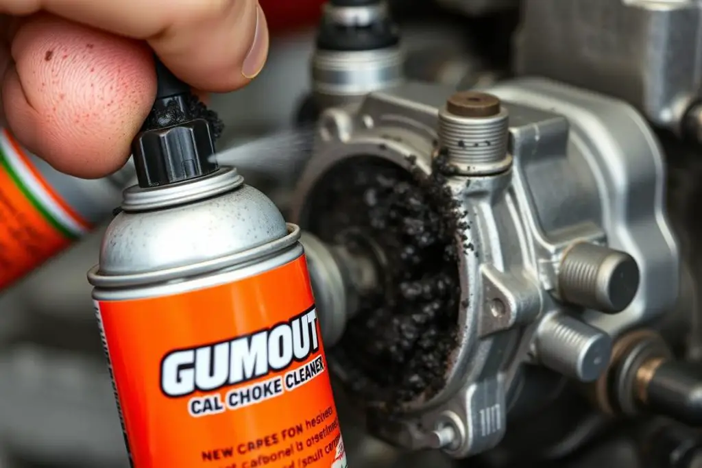 Gumout Carb and Choke Cleaner removing tough deposits from a small engine carburetor Gumout Carb and Choke Cleaner removing tough deposits from a small engine carburetor