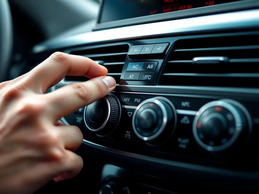 Hand adjusting car AC controls to demonstrate regular system use Hand adjusting car AC controls to demonstrate regular system use