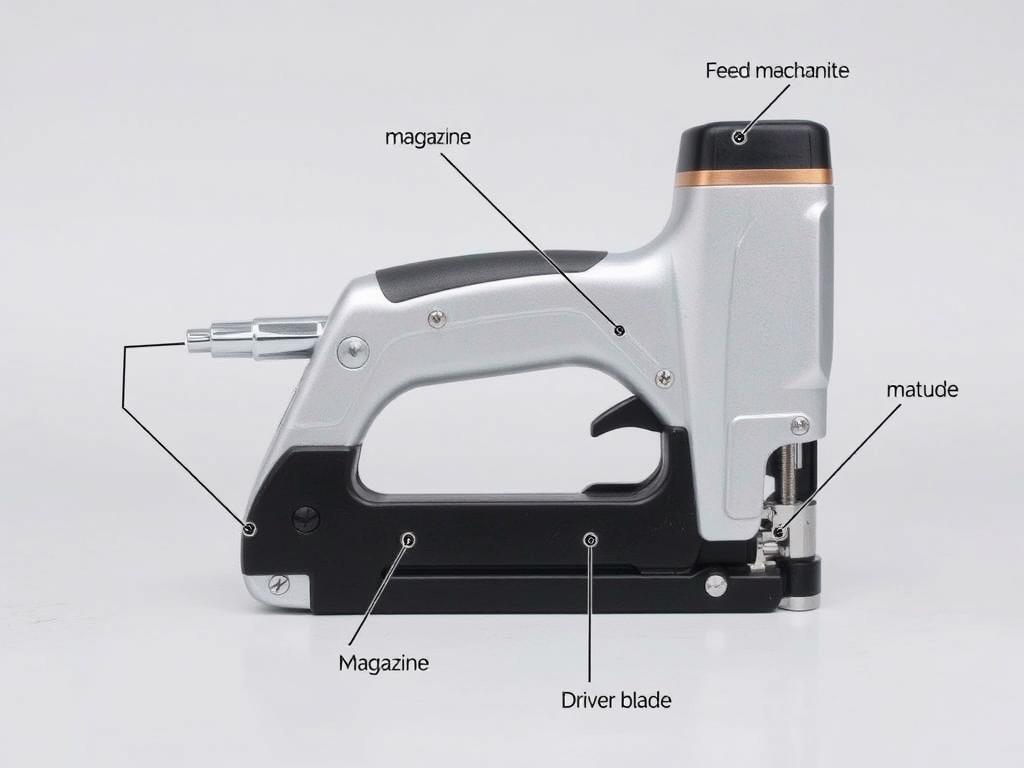 Manual staple gun with labeled parts showing the magazine, driver blade, and feed mechanism Manual staple gun with labeled parts showing the magazine, driver blade, and feed mechanism