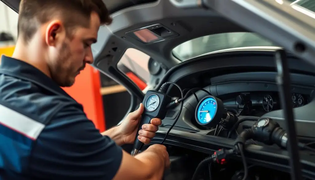 Mechanic performing maintenance on car AC system with diagnostic equipment Mechanic performing maintenance on car AC system with diagnostic equipment