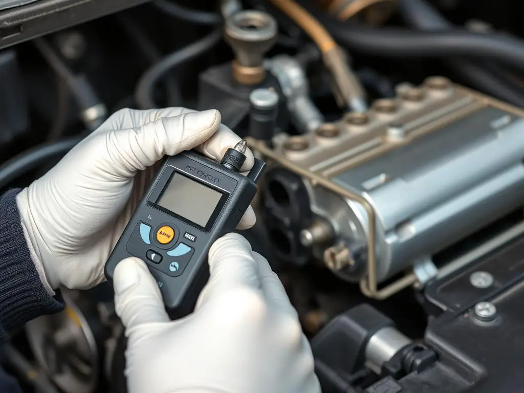 Mechanic using electronic leak detector to find AC refrigerant leak Mechanic using electronic leak detector to find AC refrigerant leak