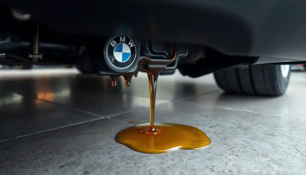 Oil leak from BMW oil pan gasket showing puddle under car