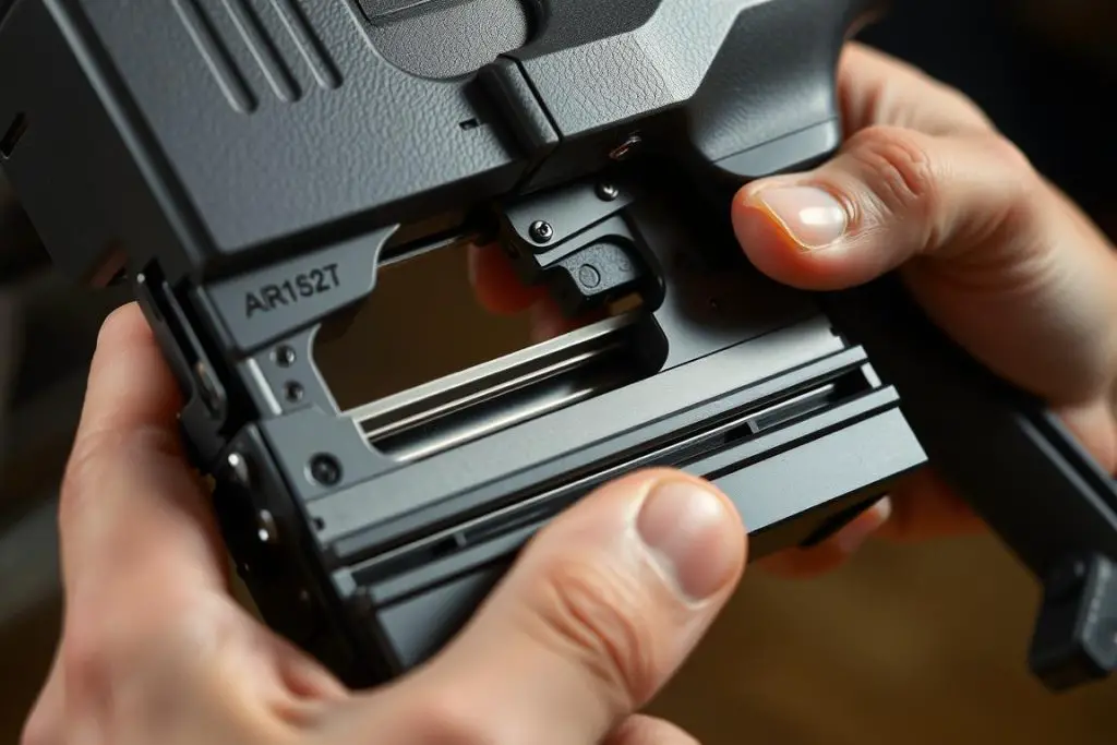 Opening the magazine on a pneumatic staple gun Opening the magazine on a pneumatic staple gun