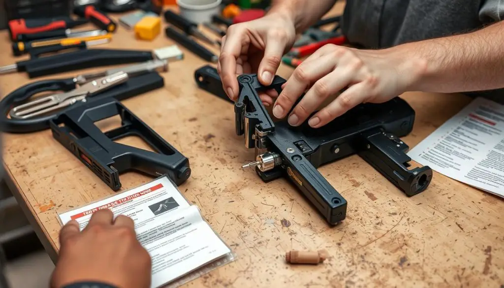 Person examining a staple gun with troubleshooting guide nearby Person examining a staple gun with troubleshooting guide nearby