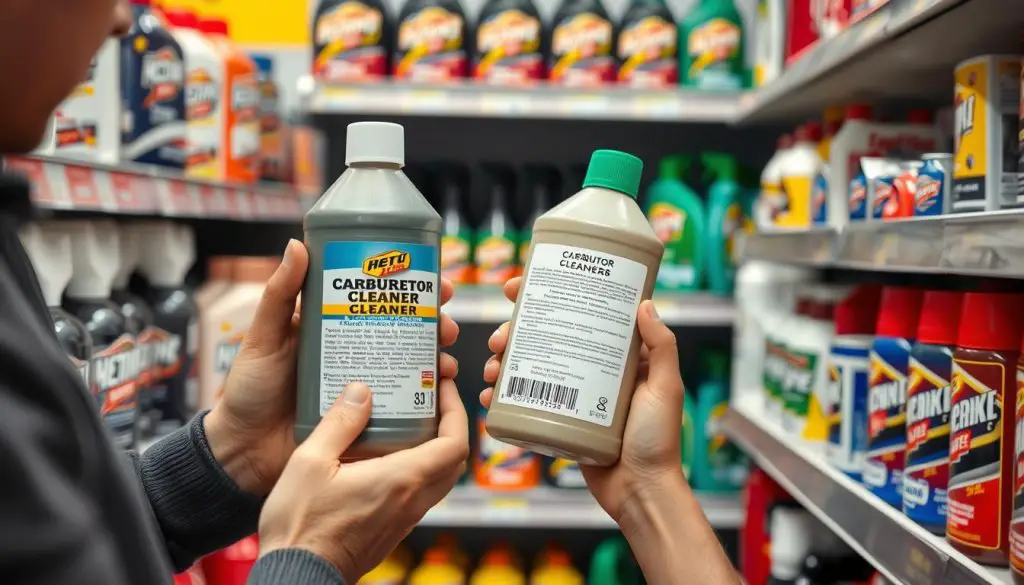 Person examining carburetor cleaner product labels in a store aisle Person examining carburetor cleaner product labels in a store aisle