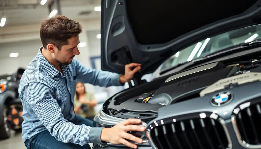 Person inspecting a used BMW before purchase Person inspecting a used BMW before purchase