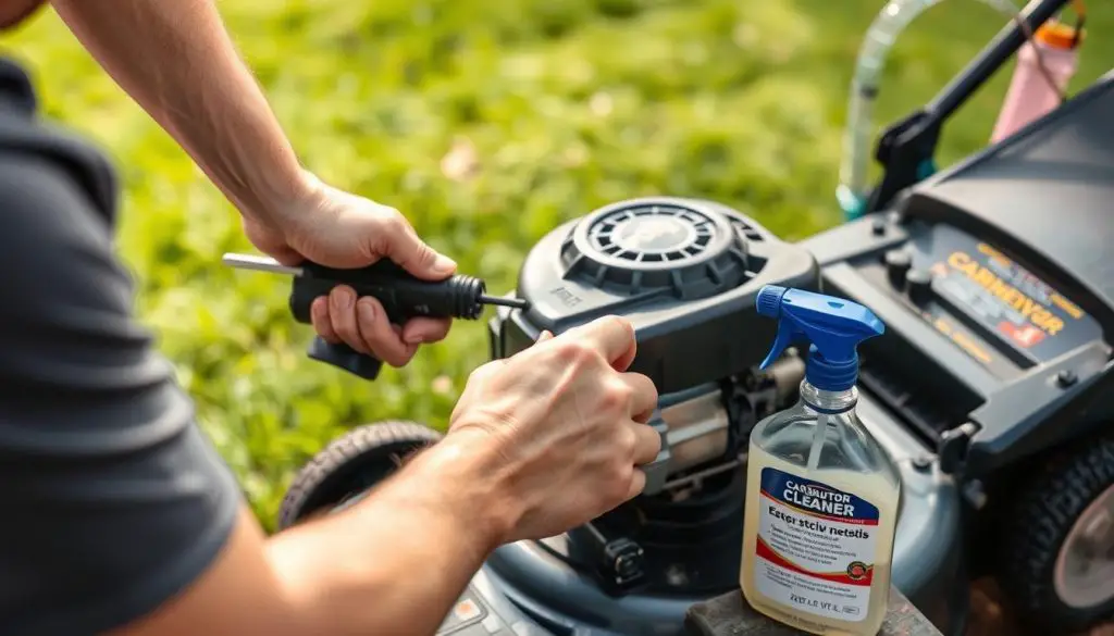 Person successfully starting a lawnmower after cleaning its carburetor Person successfully starting a lawnmower after cleaning its carburetor