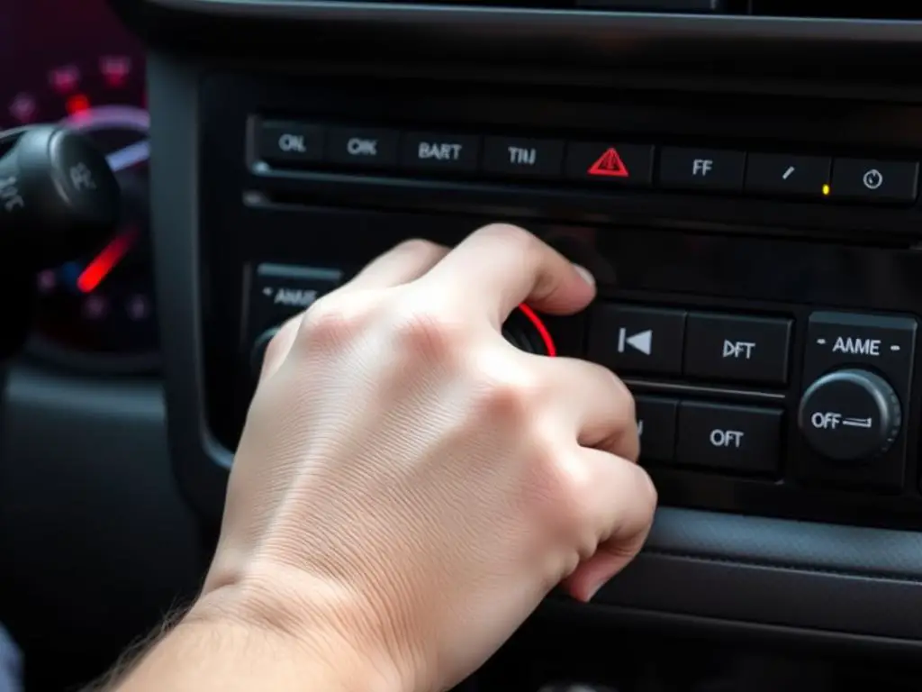 Person turning off car AC controls before shutting down engine Person turning off car AC controls before shutting down engine