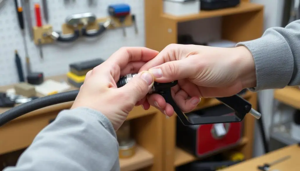Pneumatic staple gun with air hose being disconnected Pneumatic staple gun with air hose being disconnected