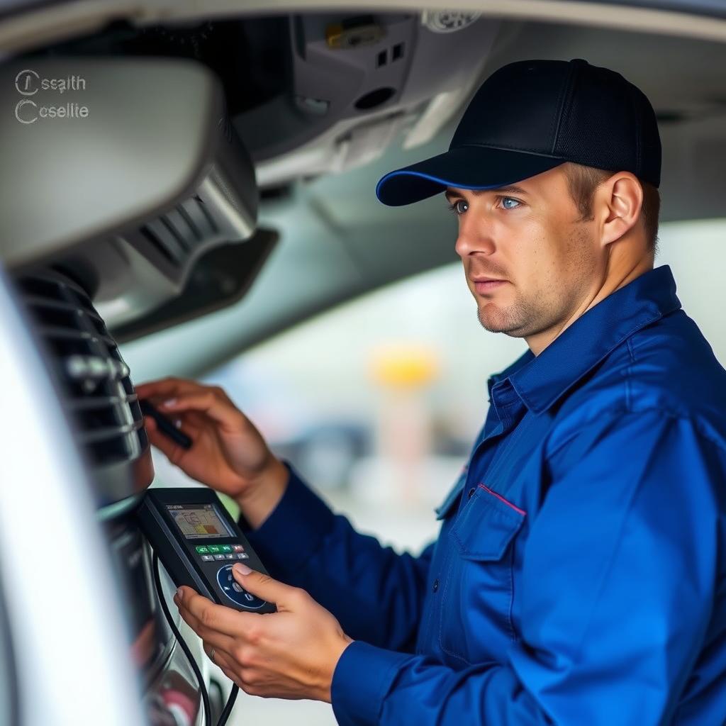Professional mechanic checking car AC system Professional mechanic checking car AC system
