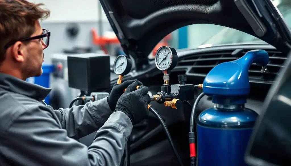 Professional technician recharging car AC system with proper equipment Professional technician recharging car AC system with proper equipment