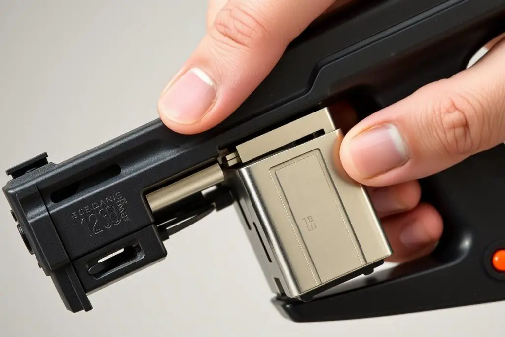 Releasing the magazine on an electric staple gun Releasing the magazine on an electric staple gun