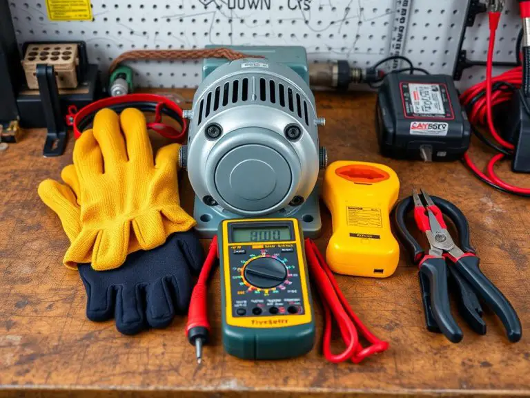 Safety equipment for electric motor troubleshooting including gloves and multimeter