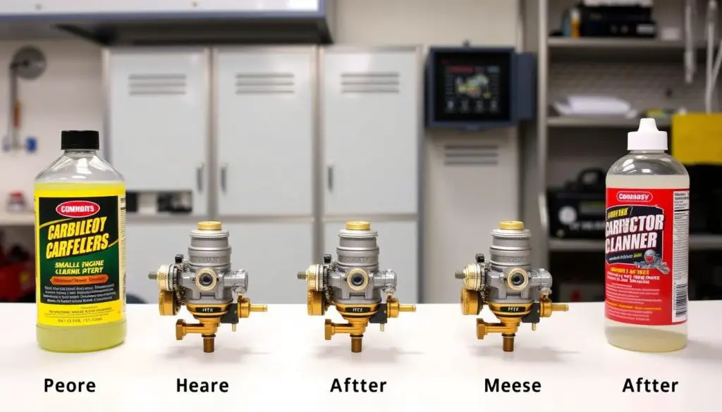 Side-by-side comparison of different carburetor cleaners showing their effectiveness on small engine carburetors Side-by-side comparison of different carburetor cleaners showing their effectiveness on small engine carburetors