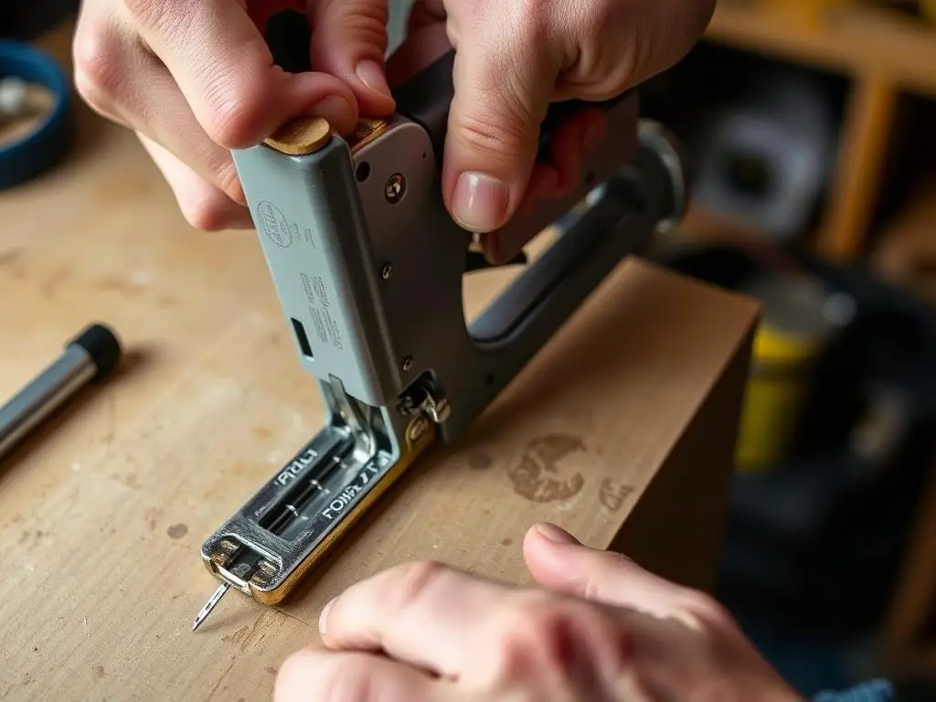 Testing a staple gun on scrap material after unjamming Testing a staple gun on scrap material after unjamming