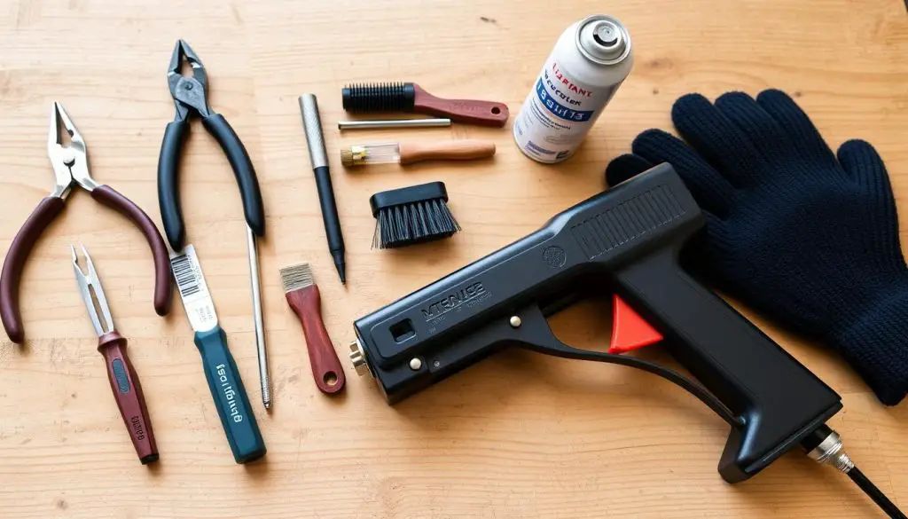 Tools needed to unjam a staple gun laid out on a workbench Tools needed to unjam a staple gun laid out on a workbench