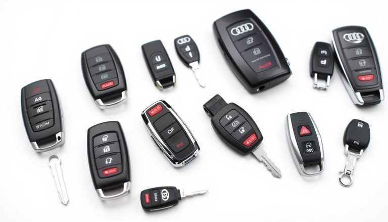 Various Audi key fobs and smart keys showing different models and generations of Audi key replacement options
