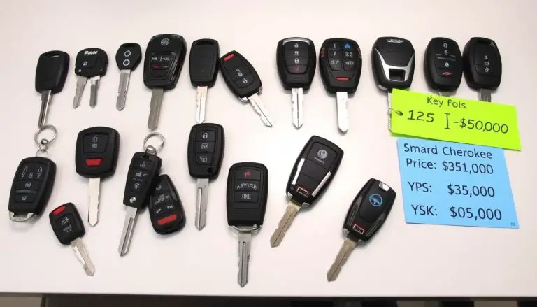Various Jeep key fobs and replacement options showing the Jeep key replacement cost differences
