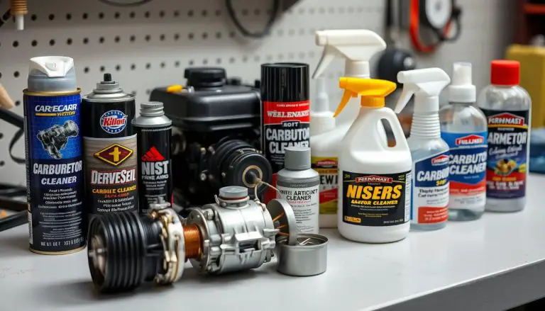 Various carburetor cleaners for small engines arranged next to a disassembled carburetor