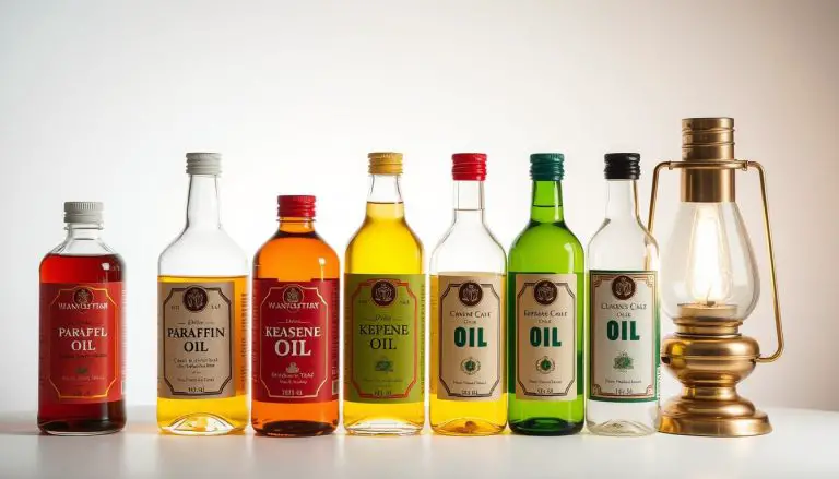 Various oil lamp fuel bottles arranged next to a traditional oil lamp