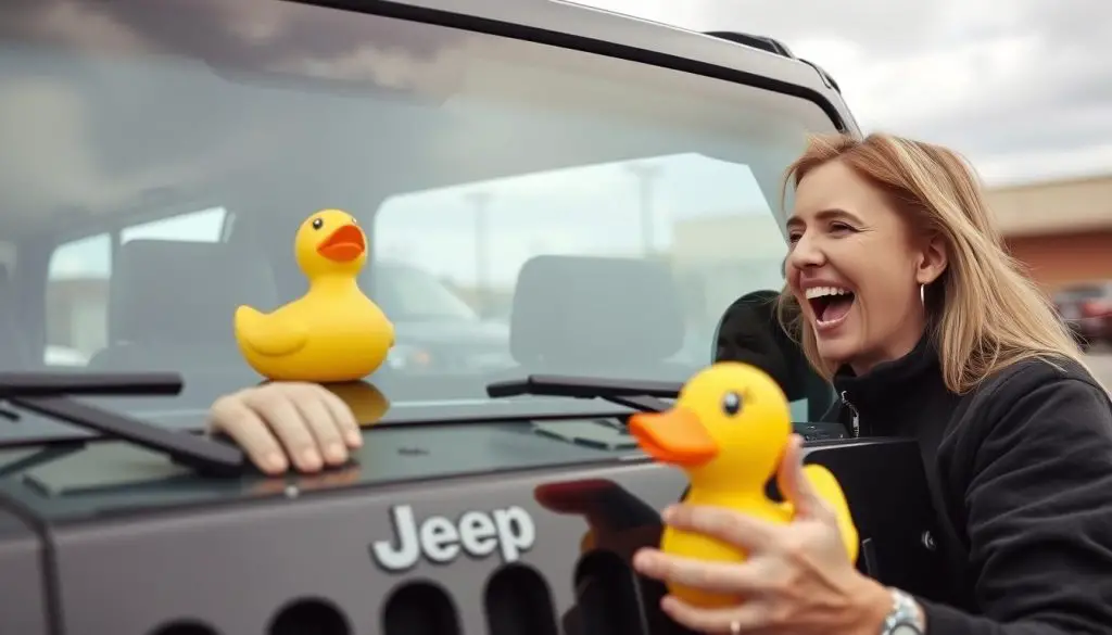 A Jeep owner discovering a rubber duck on their vehicle and smiling A Jeep owner discovering a rubber duck on their vehicle and smiling
