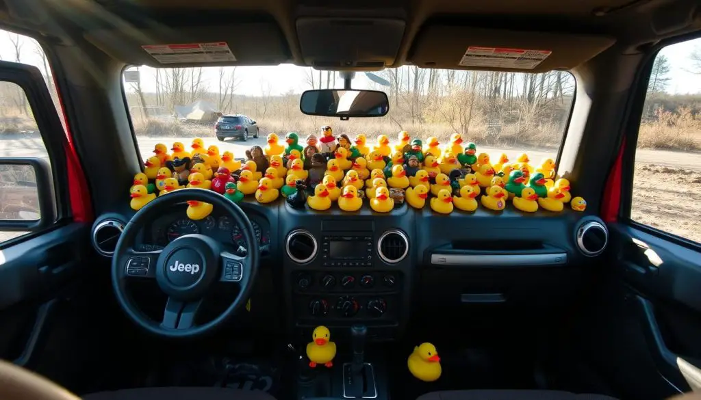 A Jeep with a collection of rubber ducks displayed on the dashboard, showing the community aspect of Jeep Ducking A Jeep with a collection of rubber ducks displayed on the dashboard, showing the community aspect of Jeep Ducking