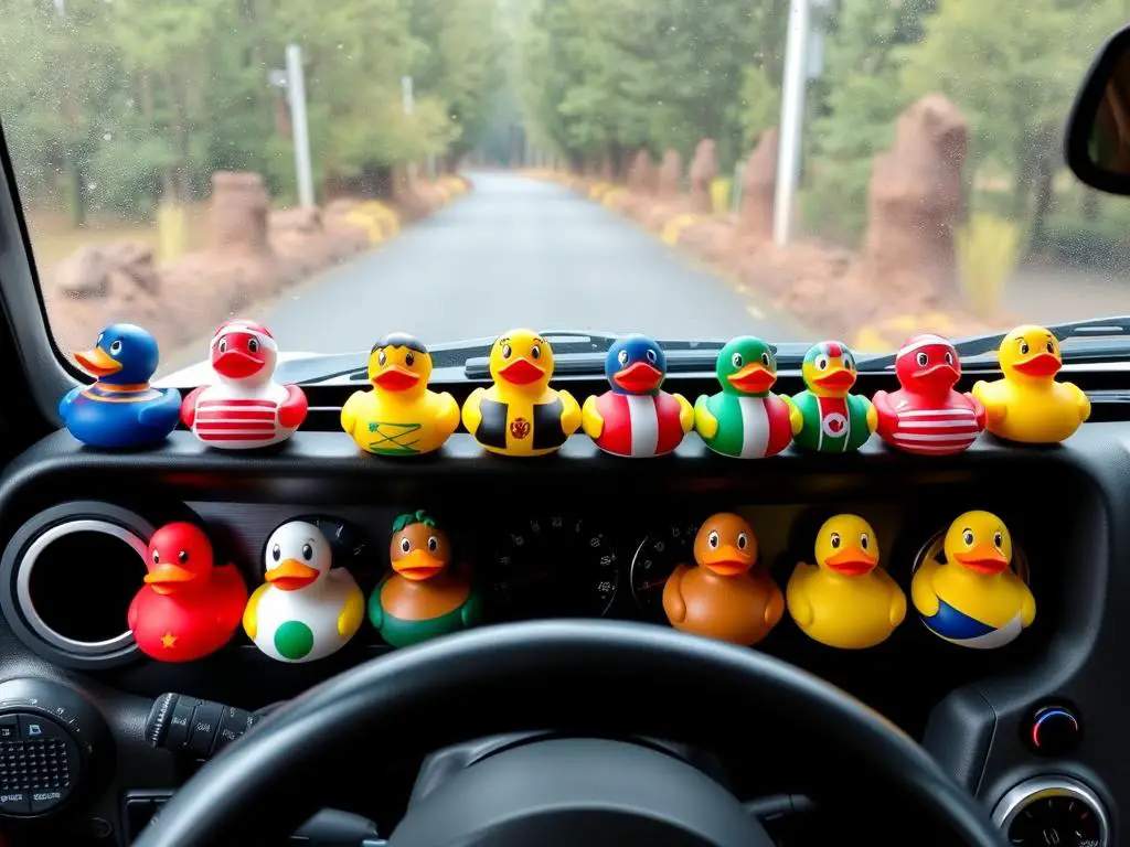 A Jeep with rubber ducks from different countries displayed on the dashboard A Jeep with rubber ducks from different countries displayed on the dashboard